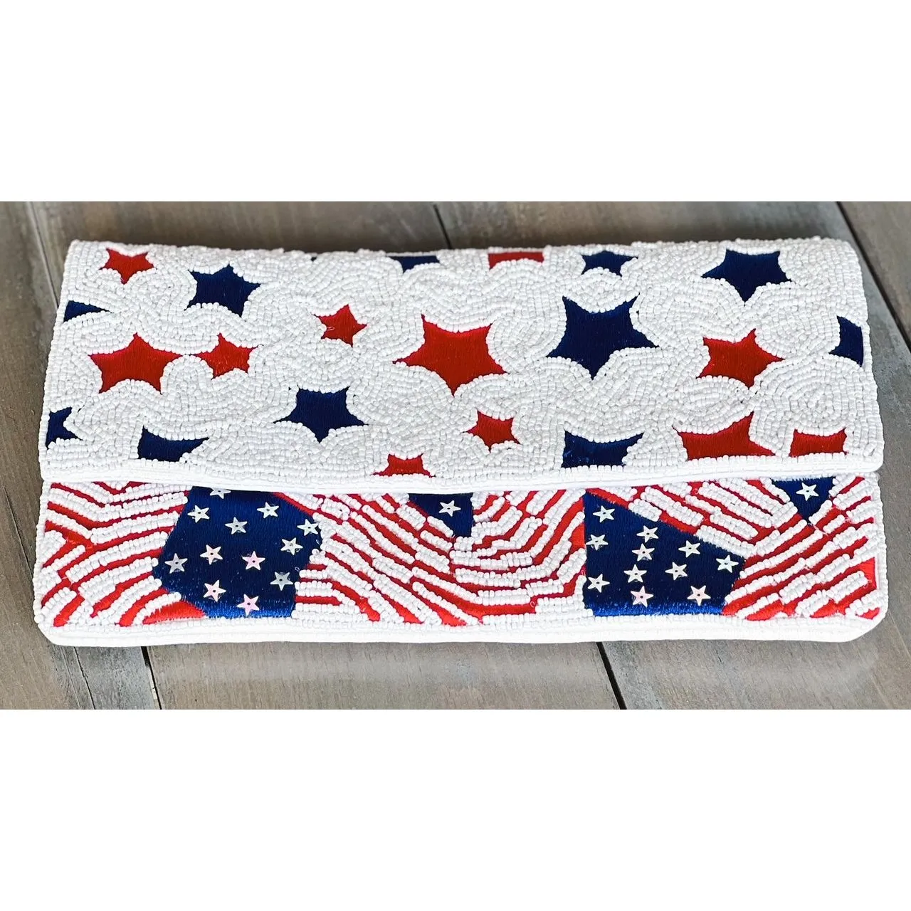 Patriotic Red White Blue Stars Stripes Seed Beaded Handbag S