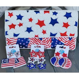 Patriotic Red White Blue Stars Stripes Seed Beaded Handbag S