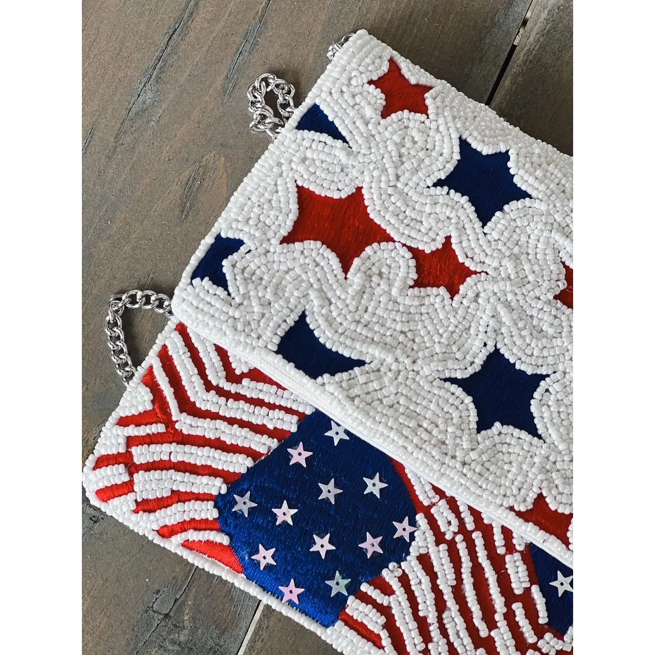 Patriotic Red White Blue Stars Stripes Seed Beaded Handbag S