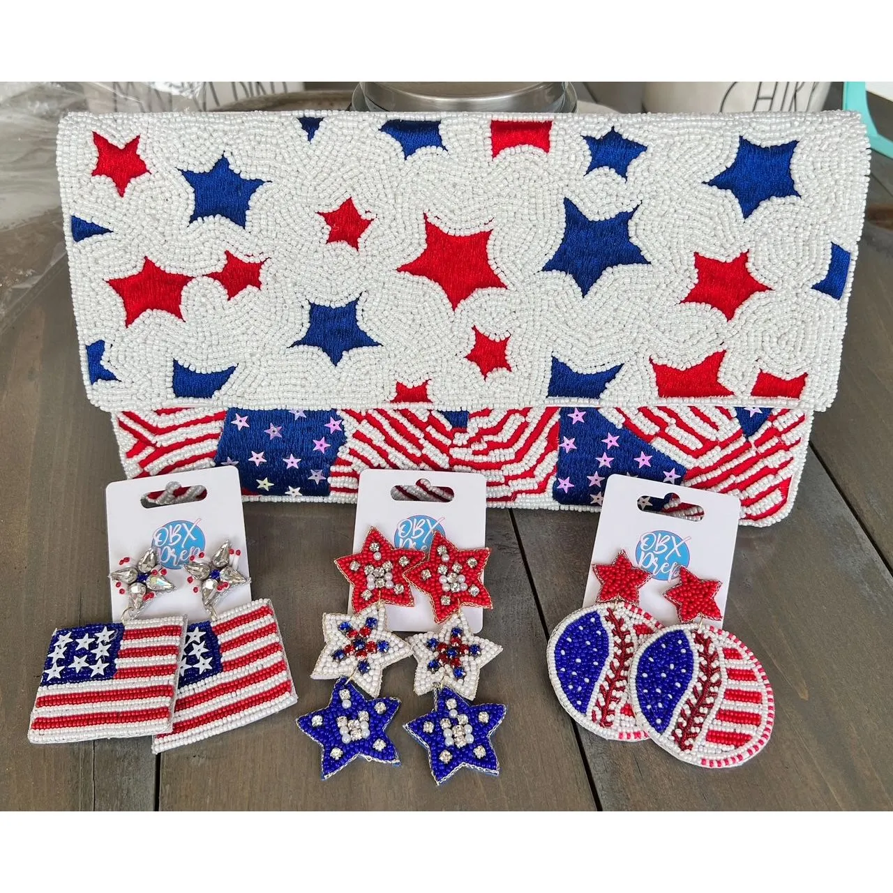 Patriotic Red White Blue Stars Stripes Seed Beaded Handbag S