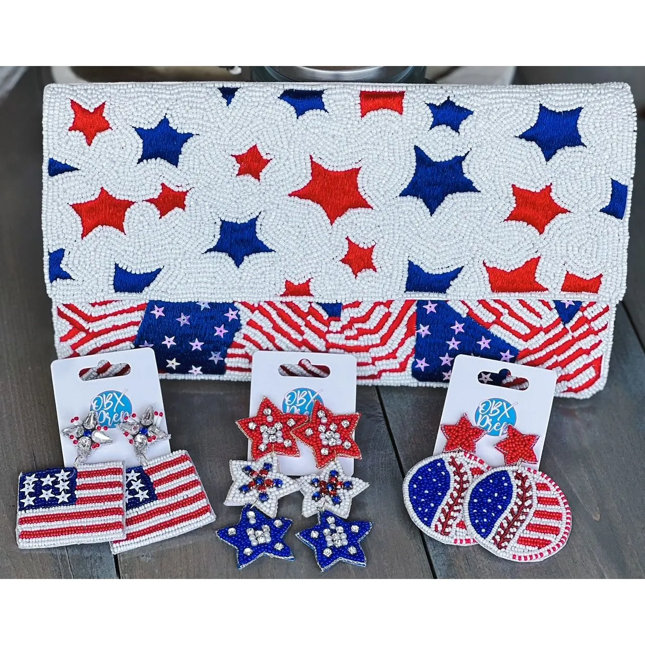 Patriotic Red White Blue Stars Stripes Seed Beaded Handbag S