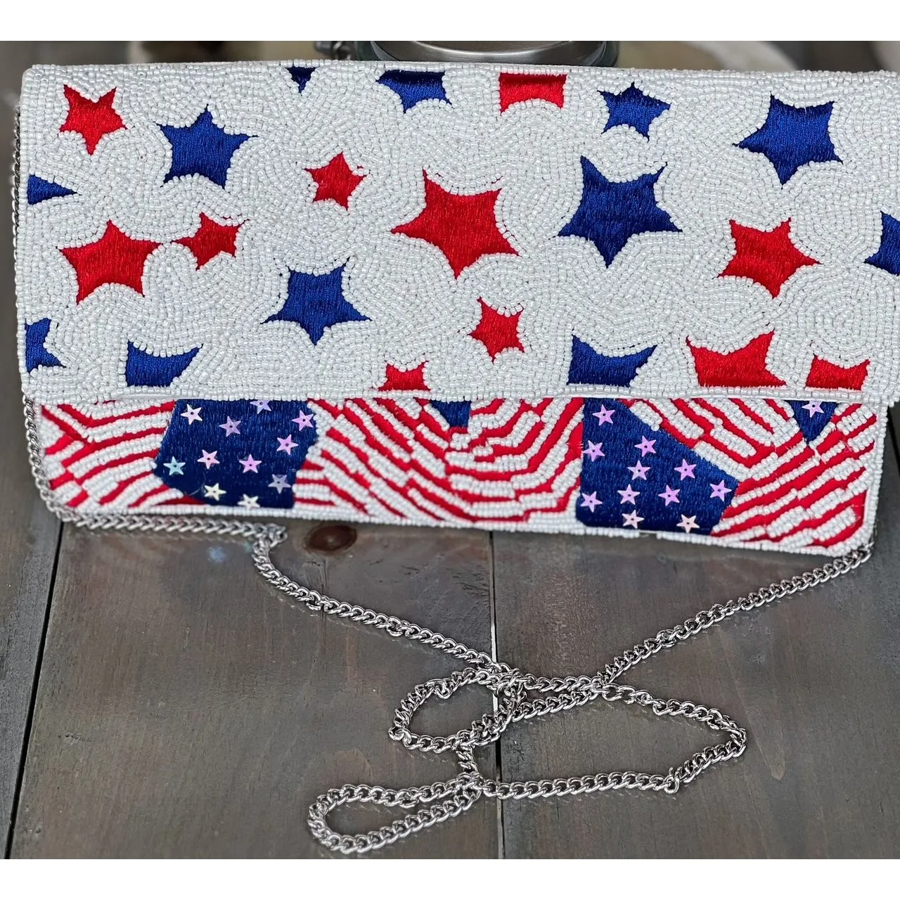 Patriotic Red White Blue Stars Stripes Seed Beaded Handbag S