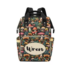 PERSONALIZED DIAPER BAG BACKPACK - MUSHROOM FOREST ON BLACK