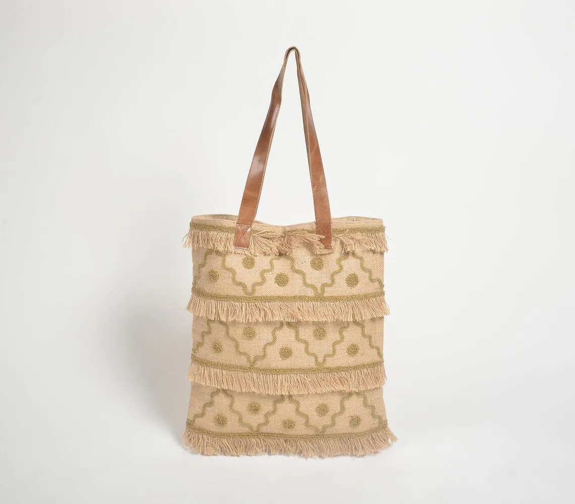Portico Patterned Frayed Jute Tote bag