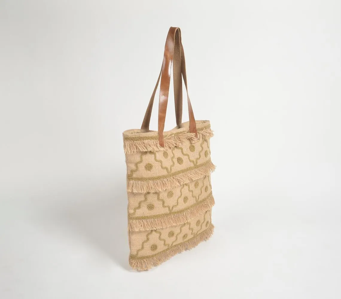 Portico Patterned Frayed Jute Tote bag