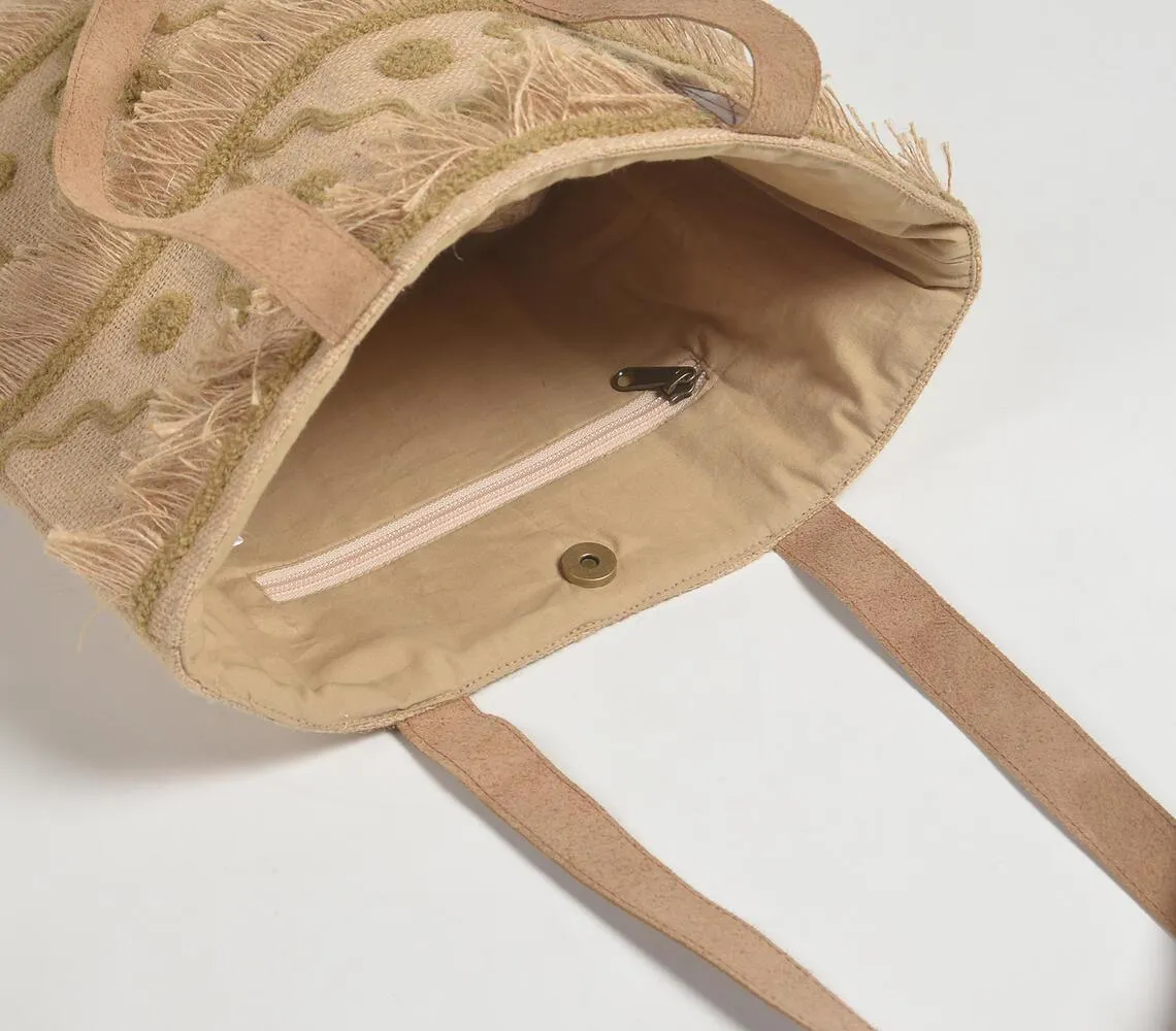Portico Patterned Frayed Jute Tote bag
