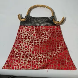 Red and Gold Geometric Tote with Bamboo Handle