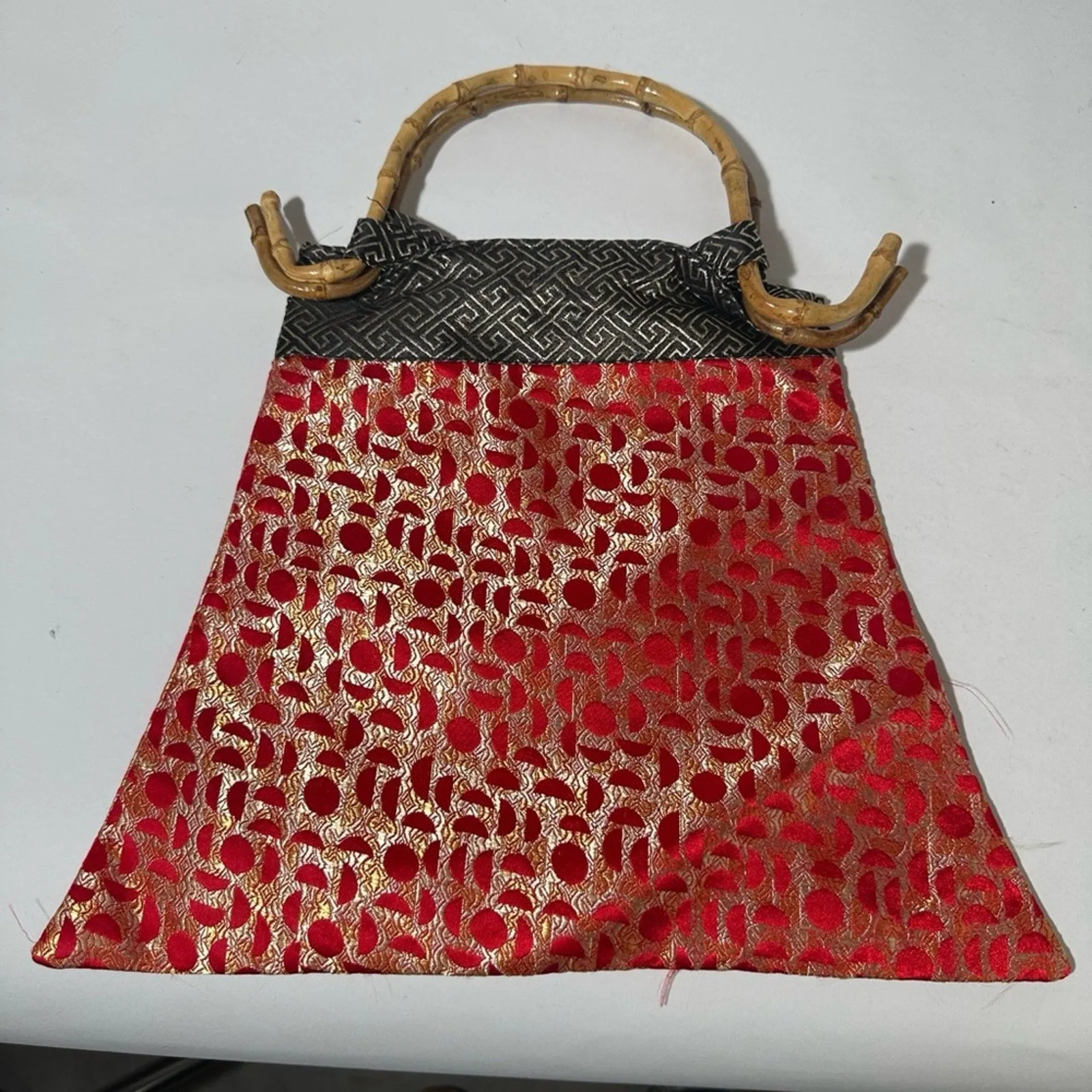 Red and Gold Geometric Tote with Bamboo Handle