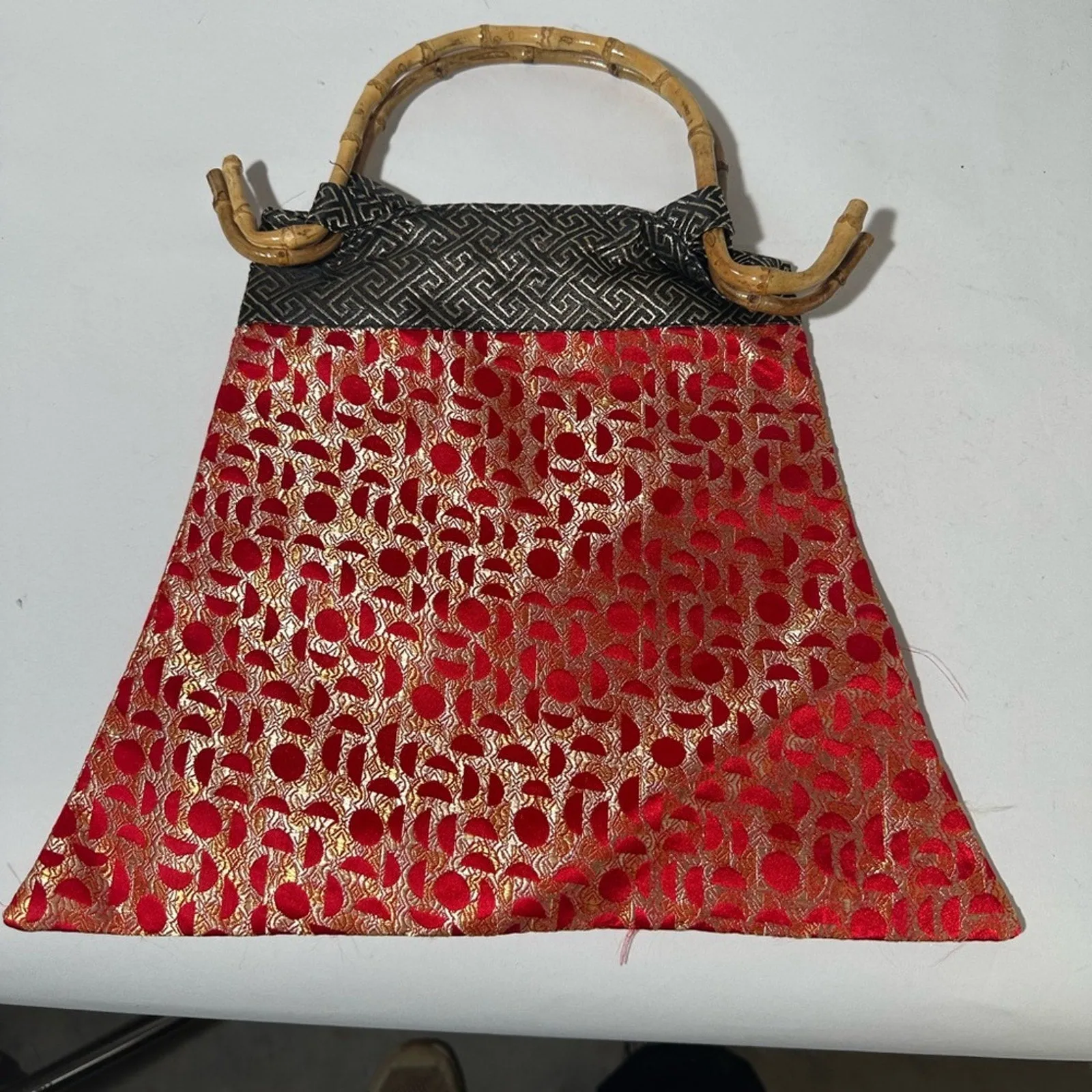 Red and Gold Geometric Tote with Bamboo Handle
