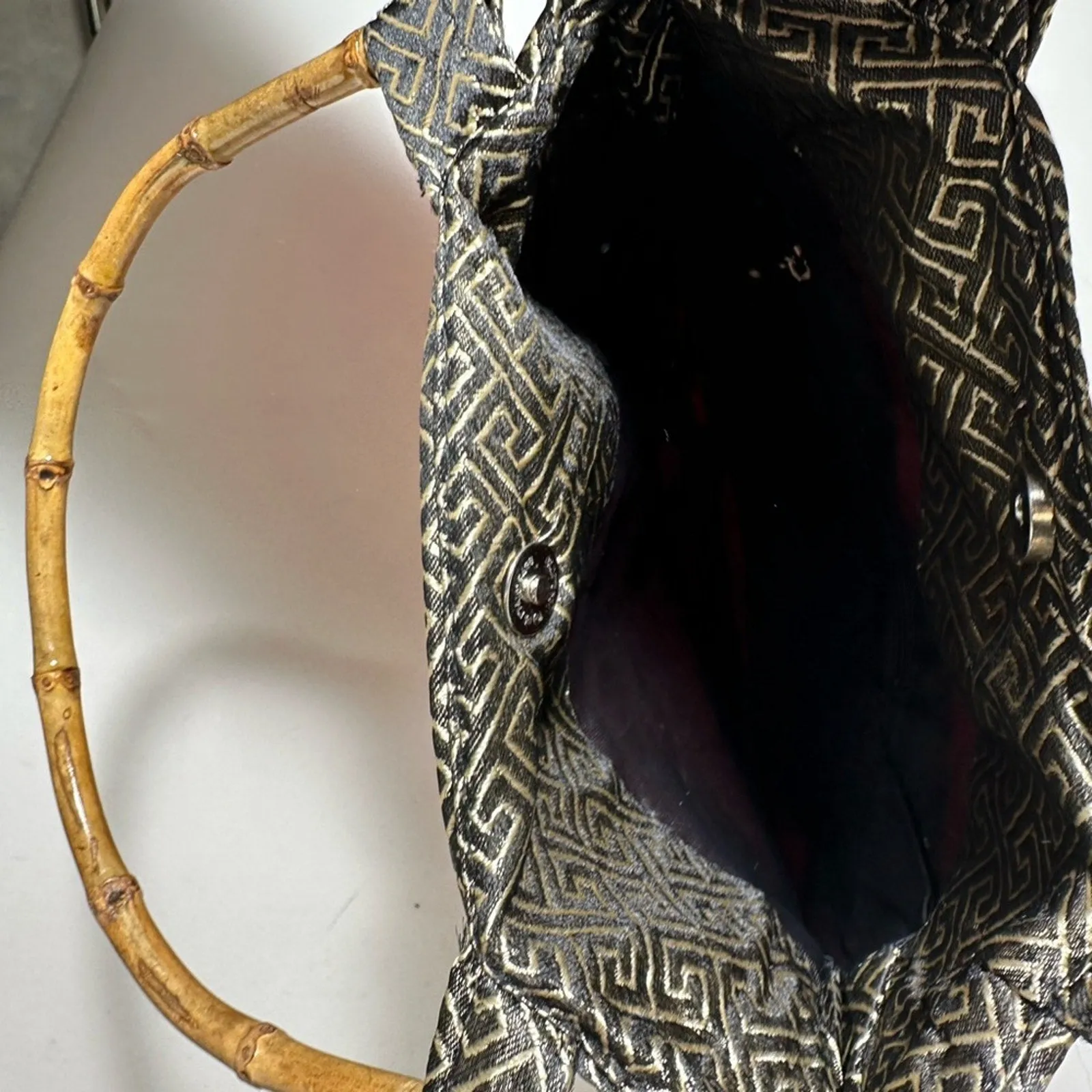 Red and Gold Geometric Tote with Bamboo Handle