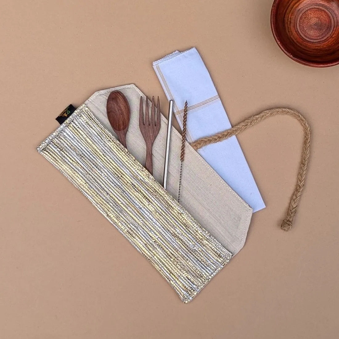 Shimmery Golden Upcycled Handwoven Cutlery Kit (CK1224-006) PS_W
