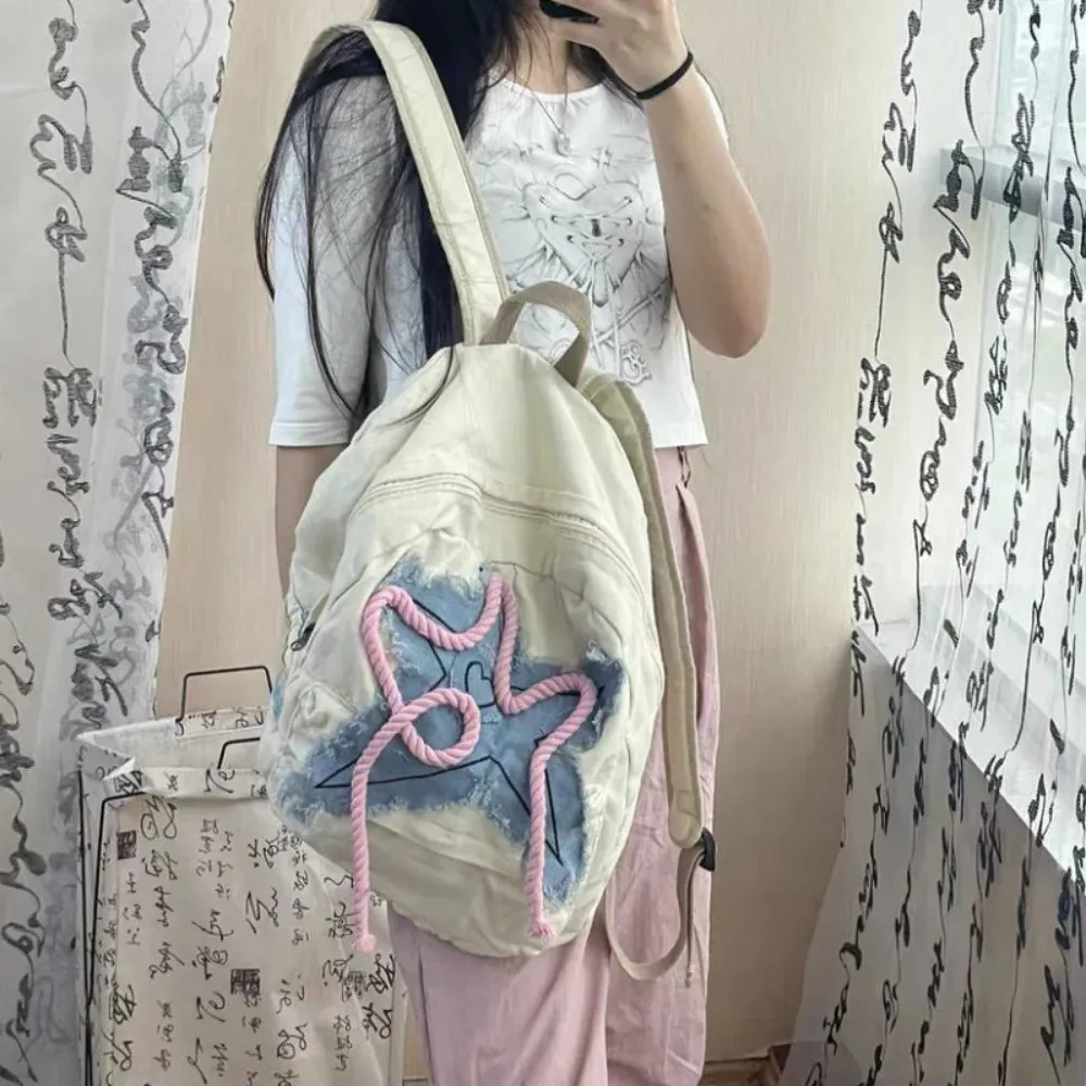 Sohiwoo Women Y2K Exquisite Sweet Fresh Panelled Handle Satchel Denim Student Preppy Style Literary Backpacks Star Canvas Shoulder Bags