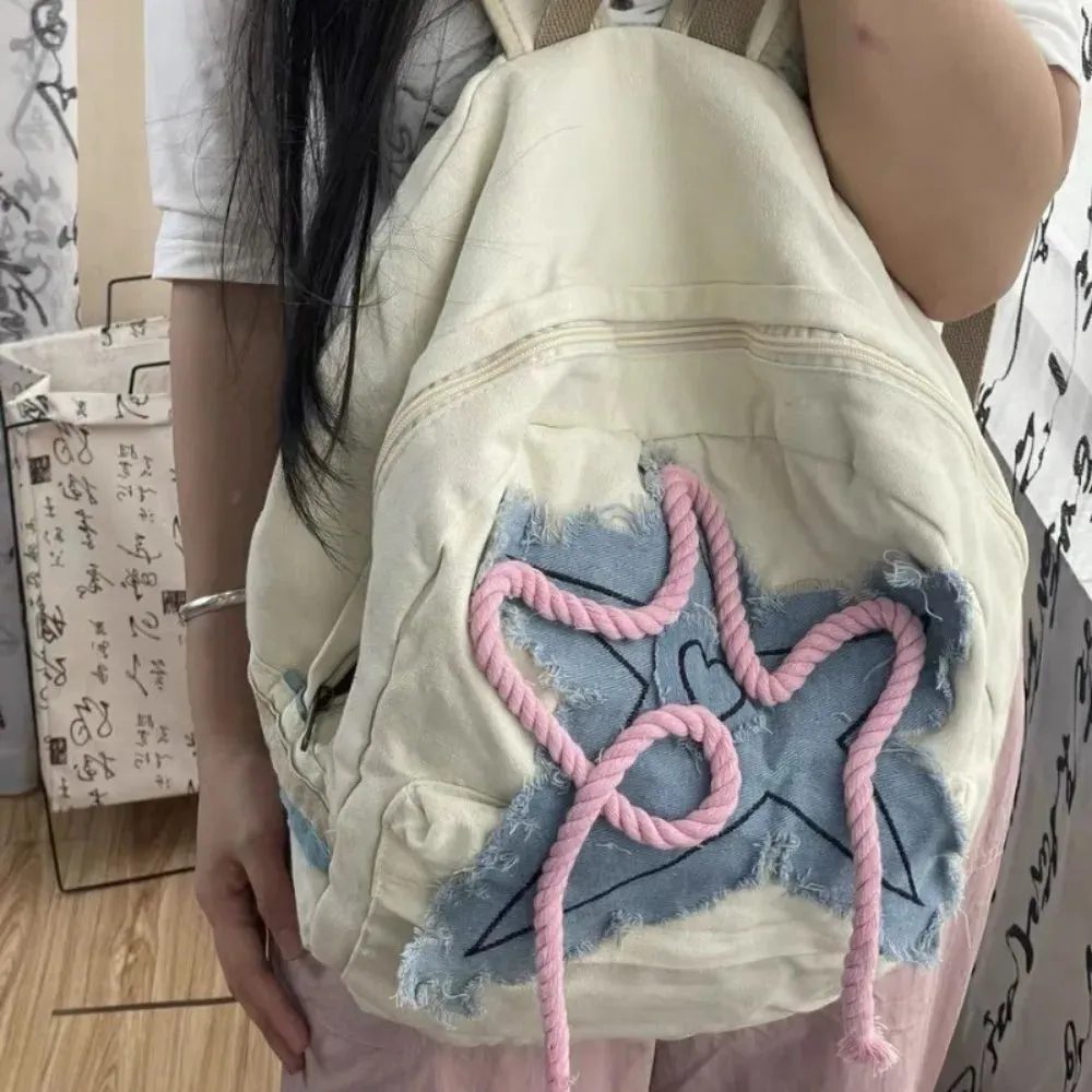 Sohiwoo Women Y2K Exquisite Sweet Fresh Panelled Handle Satchel Denim Student Preppy Style Literary Backpacks Star Canvas Shoulder Bags