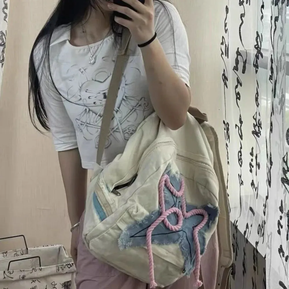 Sohiwoo Women Y2K Exquisite Sweet Fresh Panelled Handle Satchel Denim Student Preppy Style Literary Backpacks Star Canvas Shoulder Bags