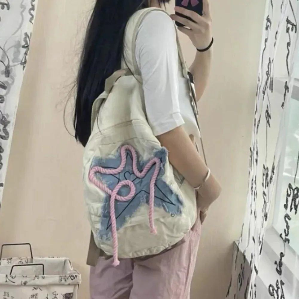 Sohiwoo Women Y2K Exquisite Sweet Fresh Panelled Handle Satchel Denim Student Preppy Style Literary Backpacks Star Canvas Shoulder Bags