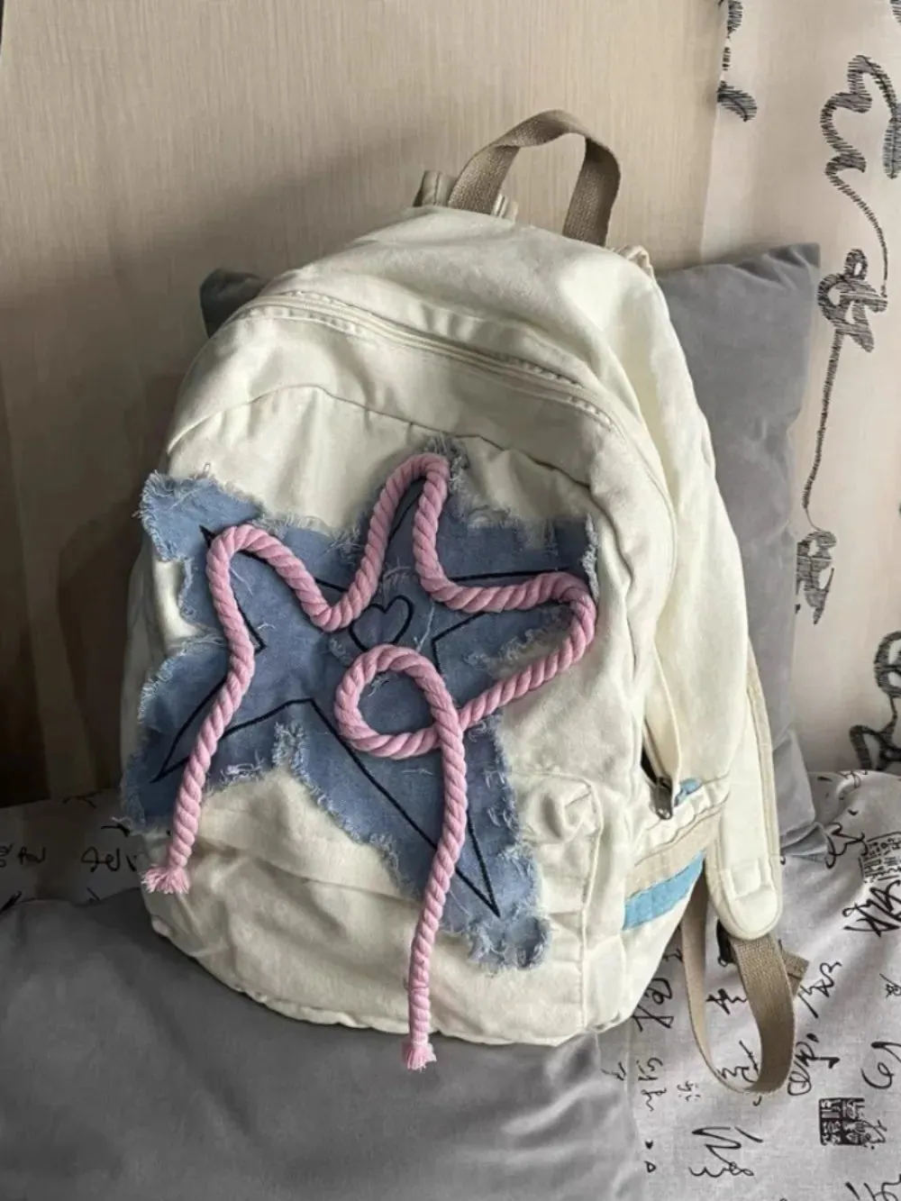 Sohiwoo Women Y2K Exquisite Sweet Fresh Panelled Handle Satchel Denim Student Preppy Style Literary Backpacks Star Canvas Shoulder Bags
