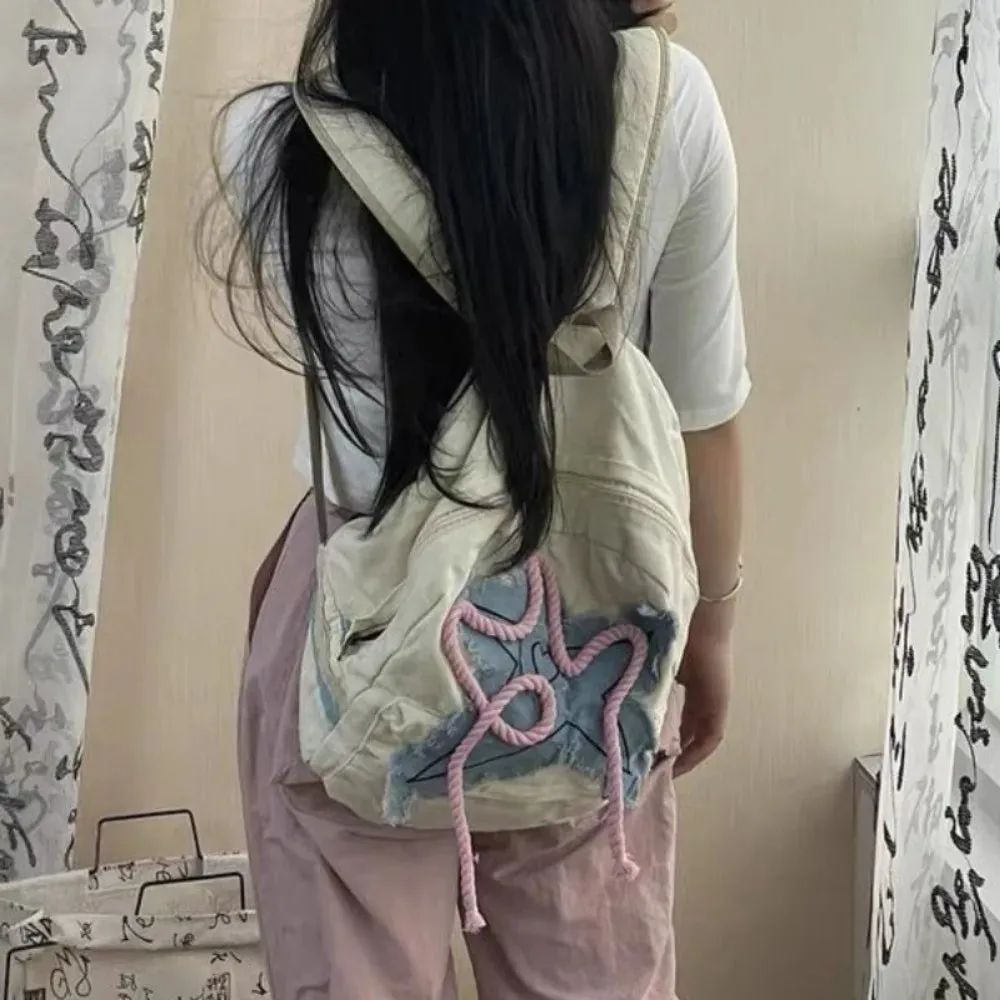 Sohiwoo Women Y2K Exquisite Sweet Fresh Panelled Handle Satchel Denim Student Preppy Style Literary Backpacks Star Canvas Shoulder Bags