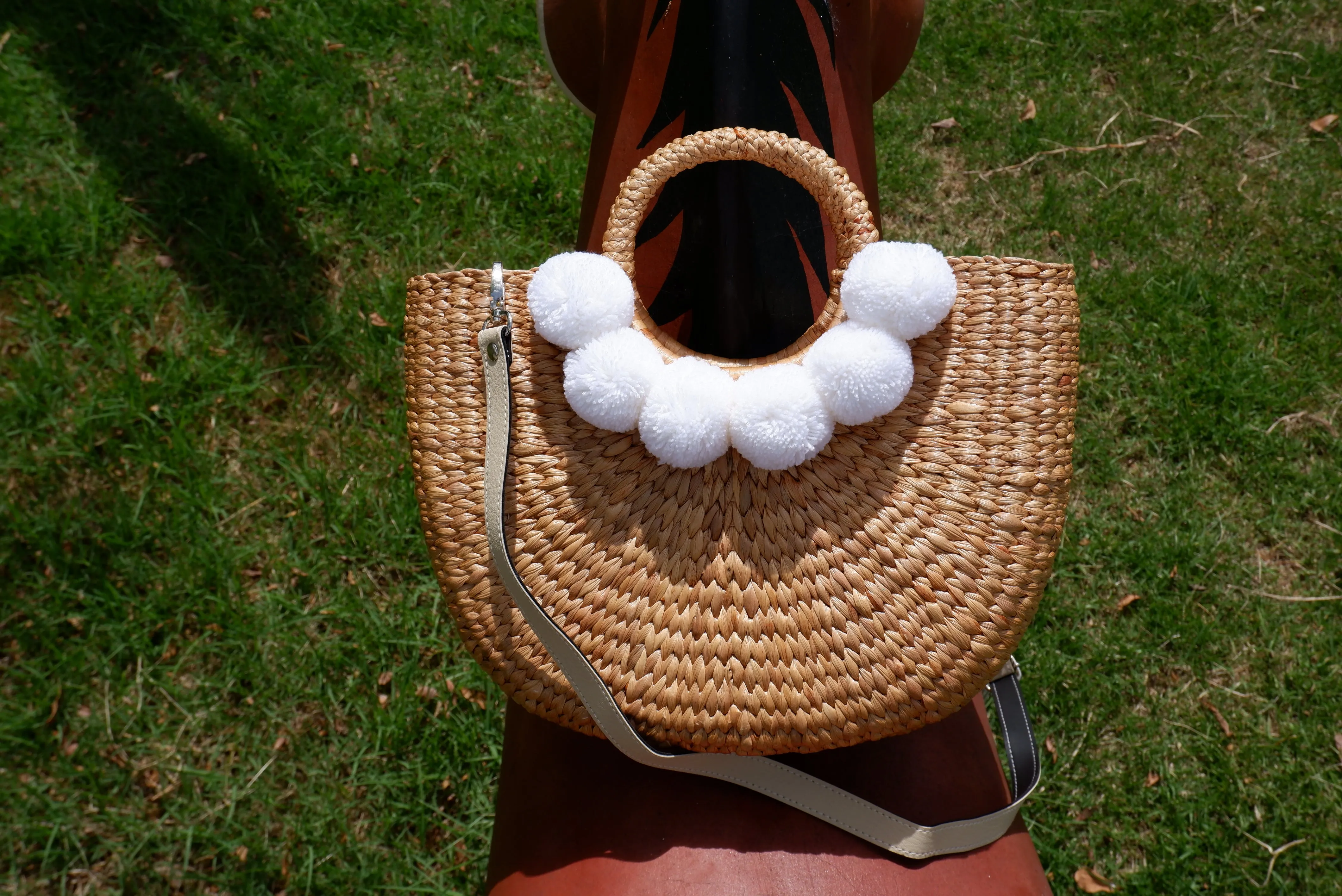 Tropical Bachelorette Straw Beach Bag with white pompom