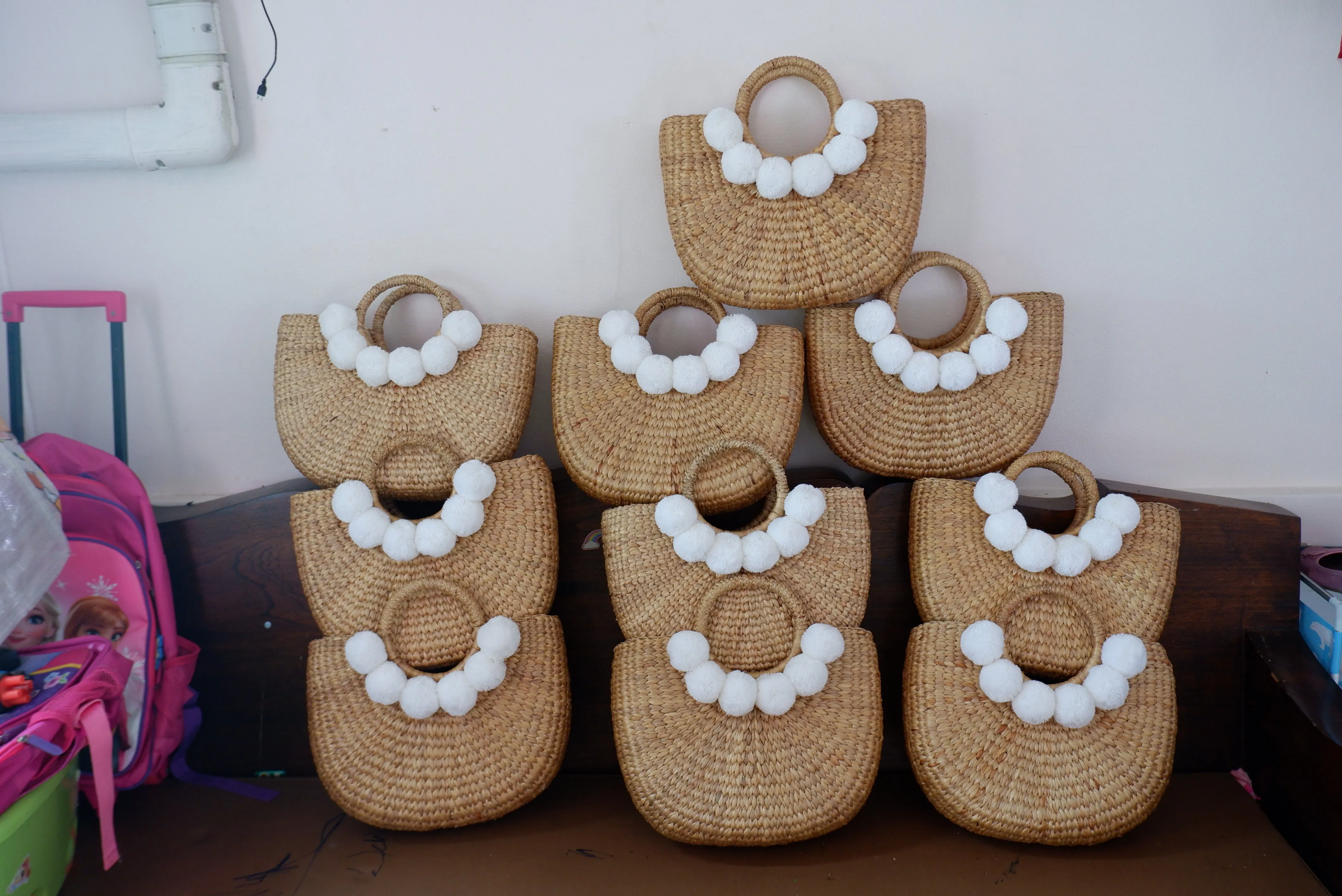 Tropical Bachelorette Straw Beach Bag with white pompom