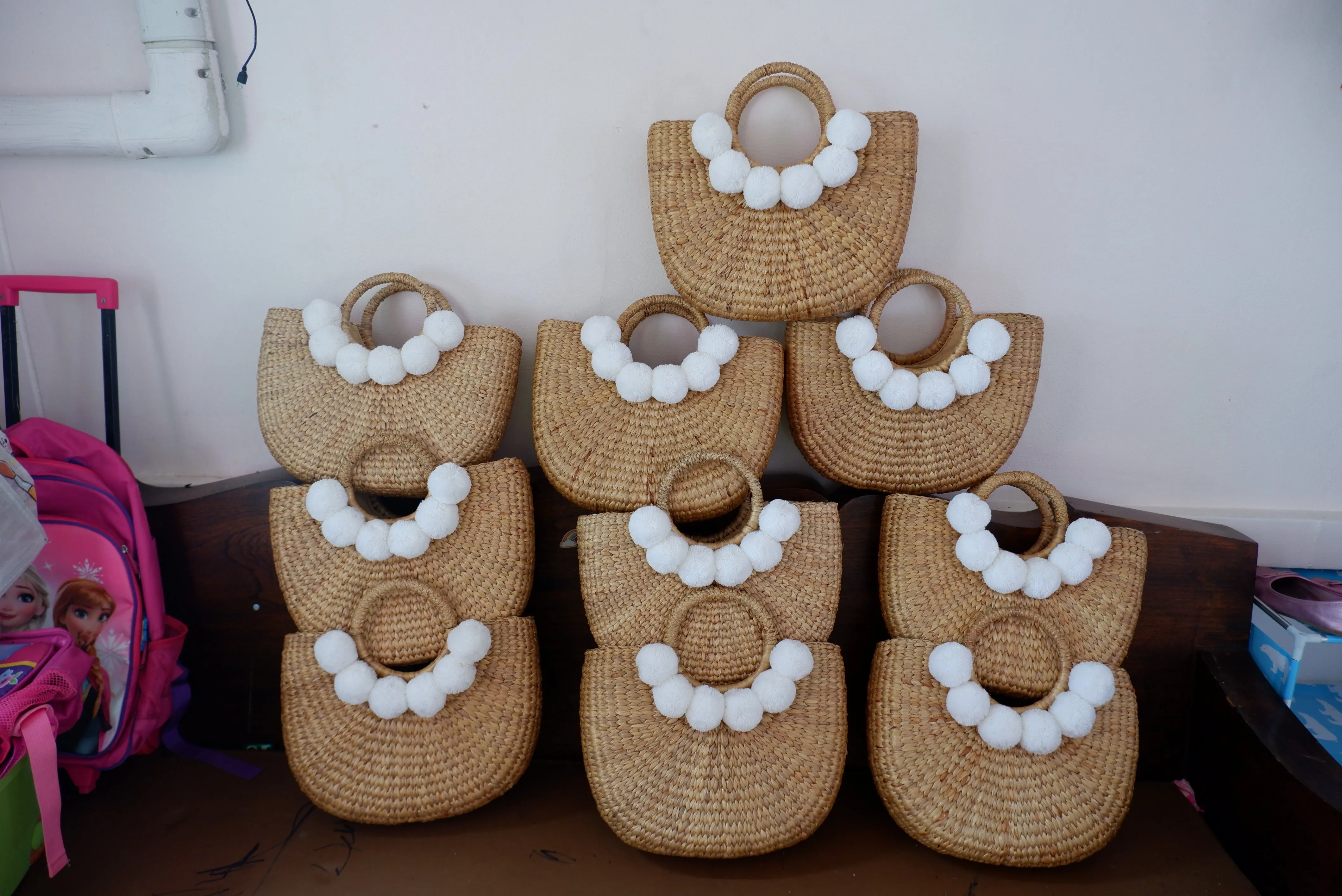 Tropical Bachelorette Straw Beach Bag with white pompom