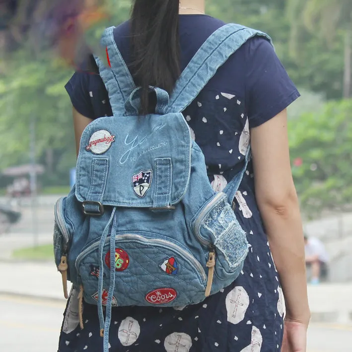 Vintage Blue Denim Womens Backpacks Bag School Backpack With Stickers Vintage Denim Backpack For Women