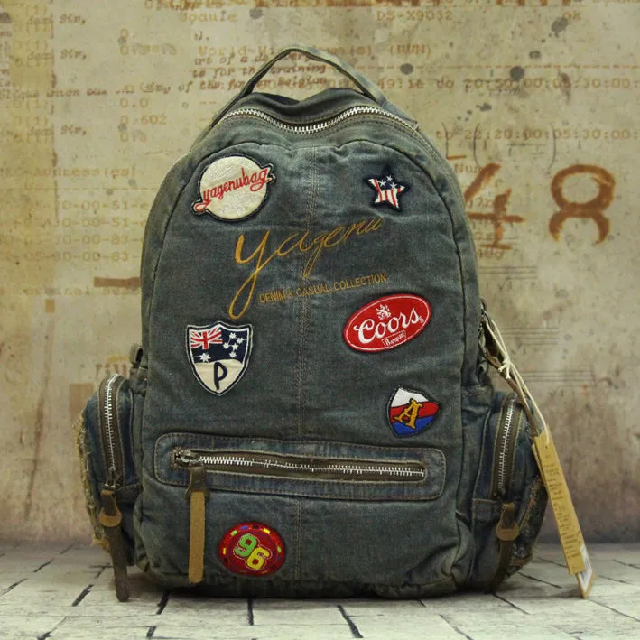 Vintage Blue Denim Womens Backpacks Bag School Backpack With Stickers Vintage Denim Backpack For Women