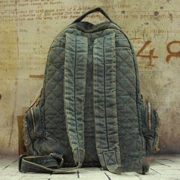 Vintage Blue Denim Womens Backpacks Bag School Backpack With Stickers Vintage Denim Backpack For Women
