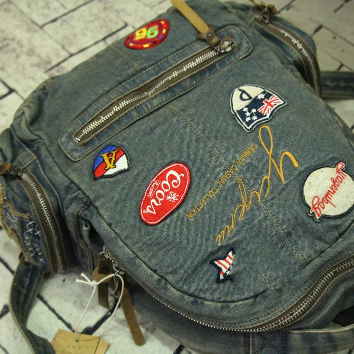 Vintage Blue Denim Womens Backpacks Bag School Backpack With Stickers Vintage Denim Backpack For Women