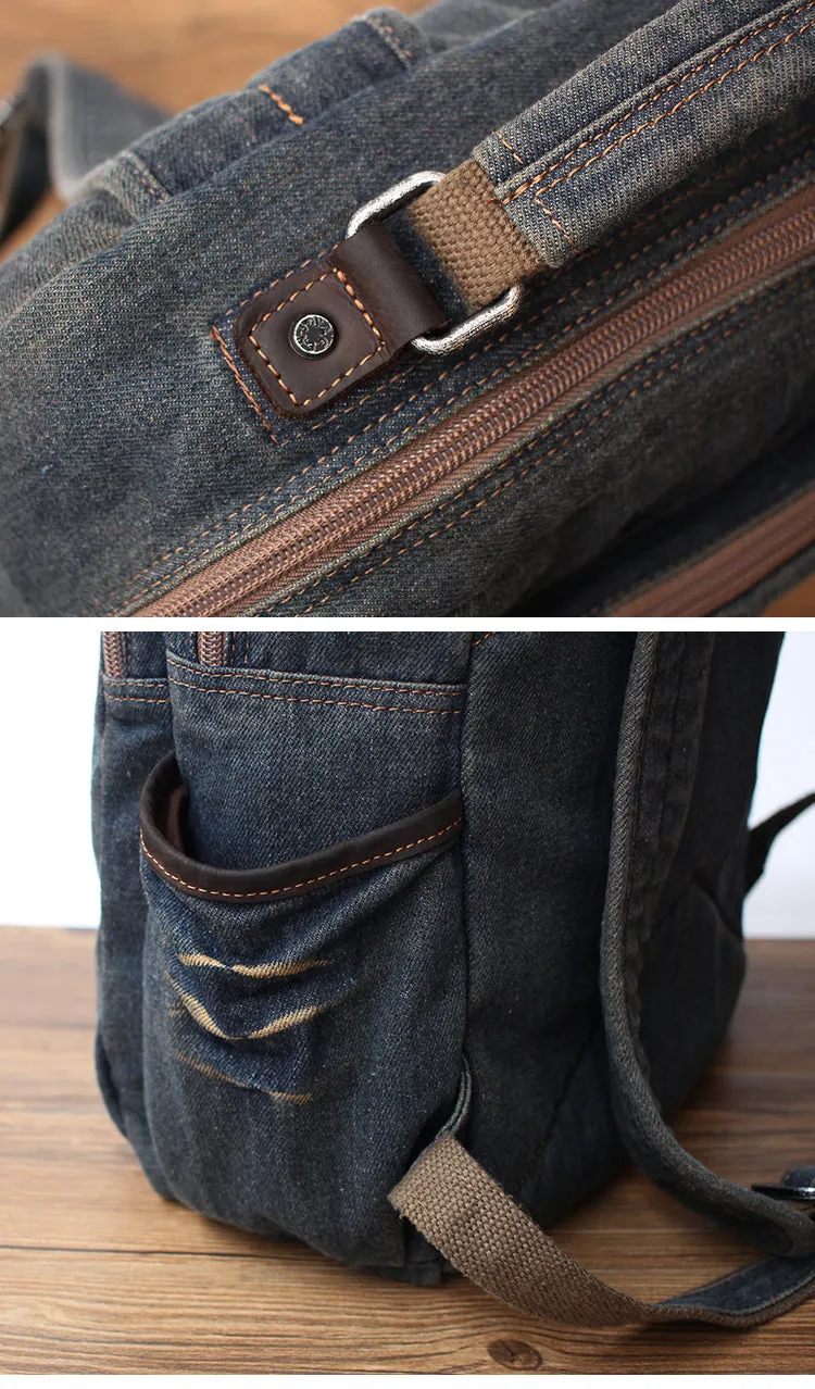 Vintage Denim Blue Mens Backpacks Bag School Backpack Blue Denim Laptop Backpack For Men