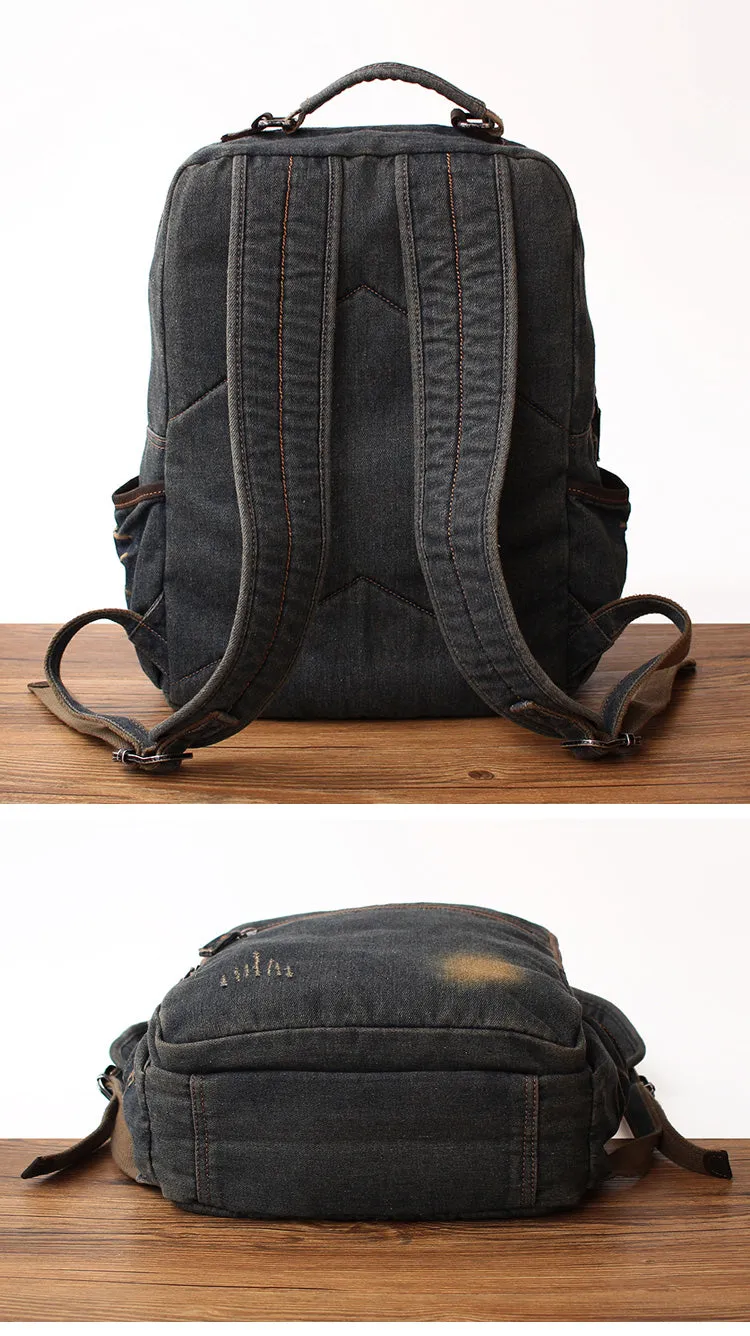 Vintage Denim Blue Mens Backpacks Bag School Backpack Blue Denim Laptop Backpack For Men