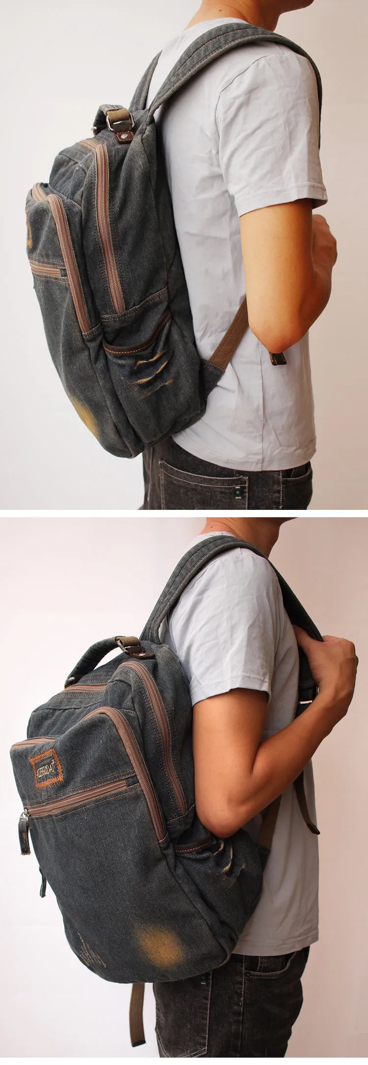 Vintage Denim Blue Mens Backpacks Bag School Backpack Blue Denim Laptop Backpack For Men