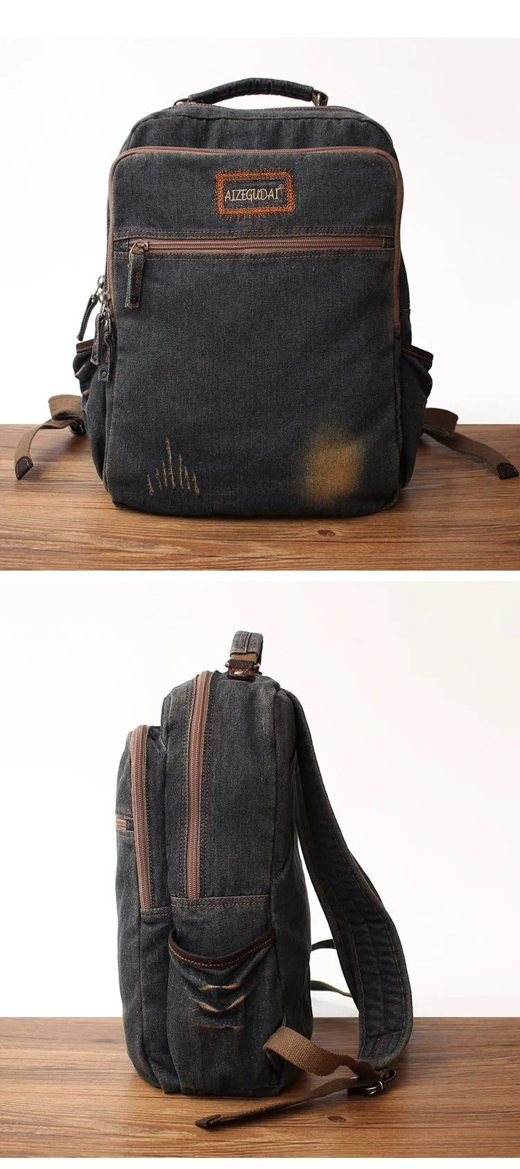 Vintage Denim Blue Mens Backpacks Bag School Backpack Blue Denim Laptop Backpack For Men