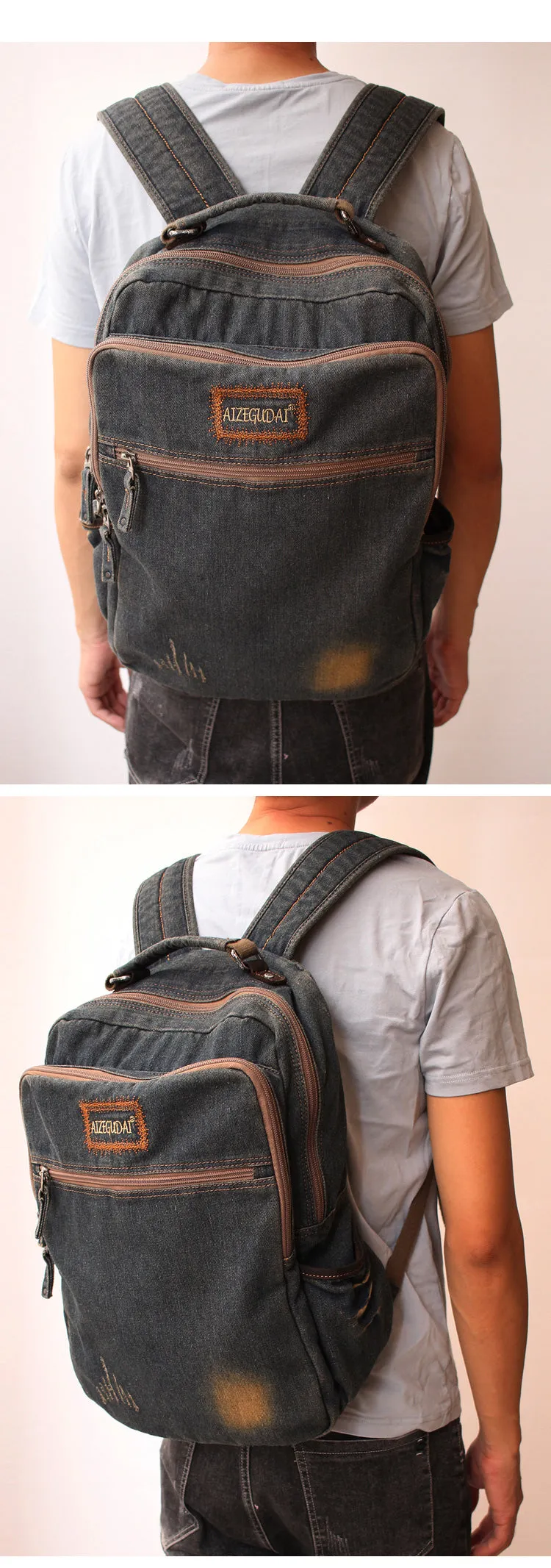 Vintage Denim Blue Mens Backpacks Bag School Backpack Blue Denim Laptop Backpack For Men