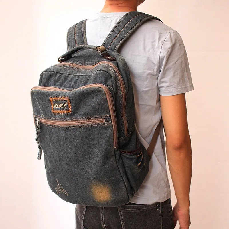Vintage Denim Blue Mens Backpacks Bag School Backpack Blue Denim Laptop Backpack For Men