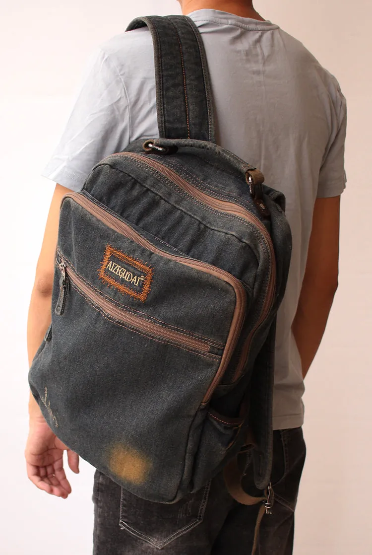 Vintage Denim Blue Mens Backpacks Bag School Backpacks Blue Denim Laptop Backpack For Men