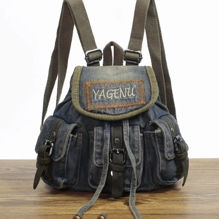 Vintage Denim Blue Womens Backpack Bag School Backpack Blue Denim Laptop Backpacks For Womens