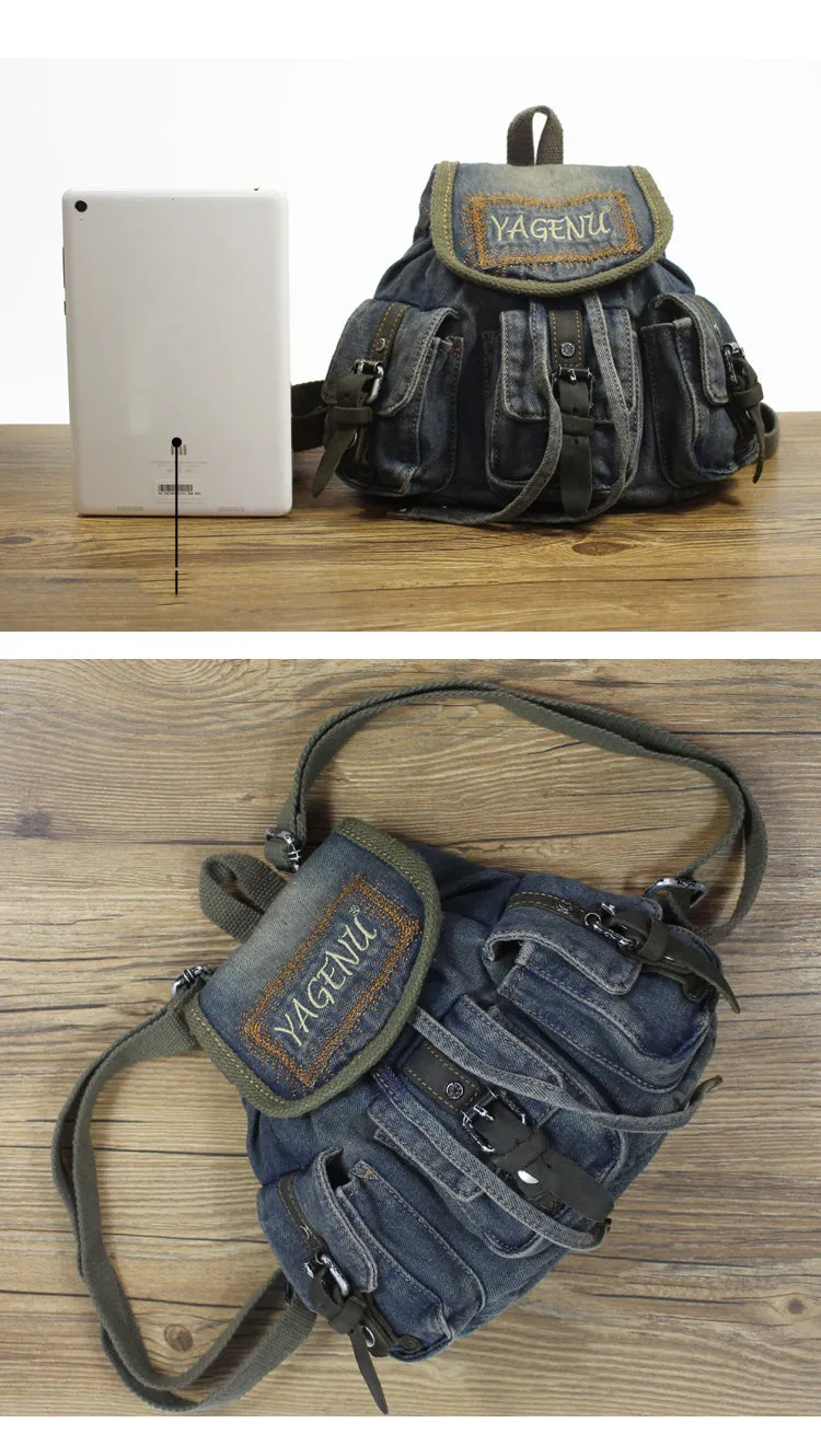 Vintage Denim Blue Womens Backpack Bag School Backpack Blue Denim Laptop Backpacks For Womens