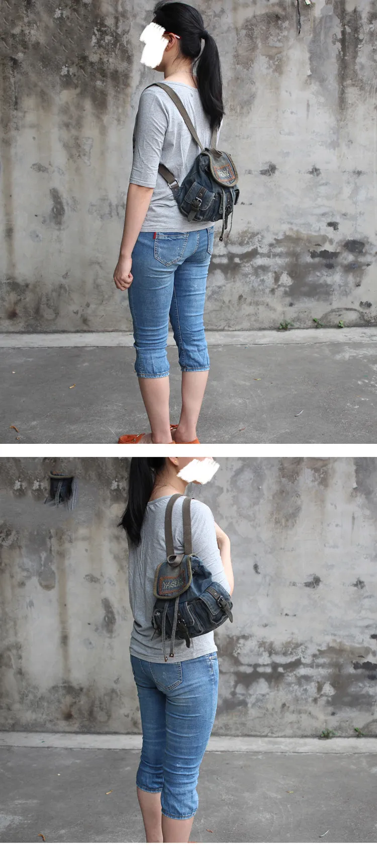 Vintage Denim Blue Womens Backpack Bag School Backpack Blue Denim Laptop Backpacks For Womens