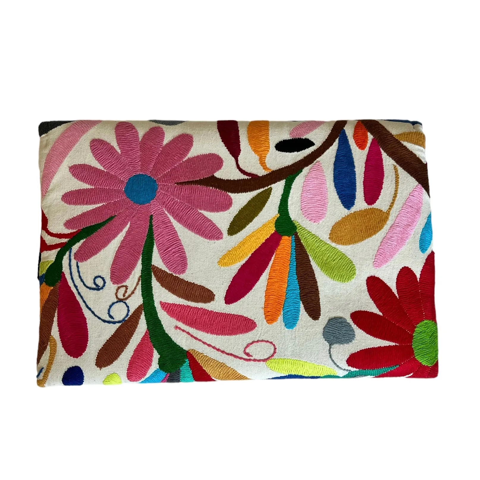 White/Multi Otomi Clutch (Pink Flower)