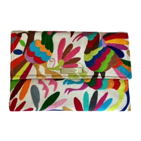 White/Multi Otomi Clutch (Pink Flower)