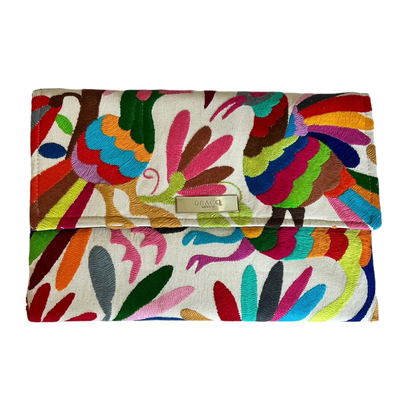White/Multi Otomi Clutch (Pink Flower)